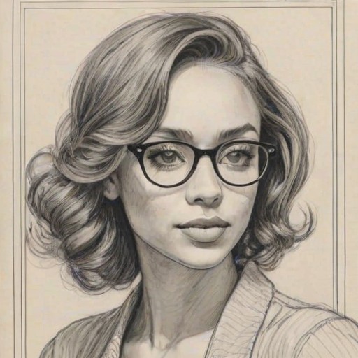 Fetching Vanessa Morgan, pencil sketch, portrait of Alluring woman 1921s in glasses, hair style beatnik, outline, clear lines, fine lines, 8k