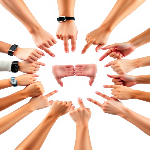 A circular arrangement of hands giving thumbs up and thumbs down against a white background, captured with a DSLR camera, aperture f/2.8, ISO 100, 1/200 sec, in a studio lighting setup to enhance clarity and contrast.