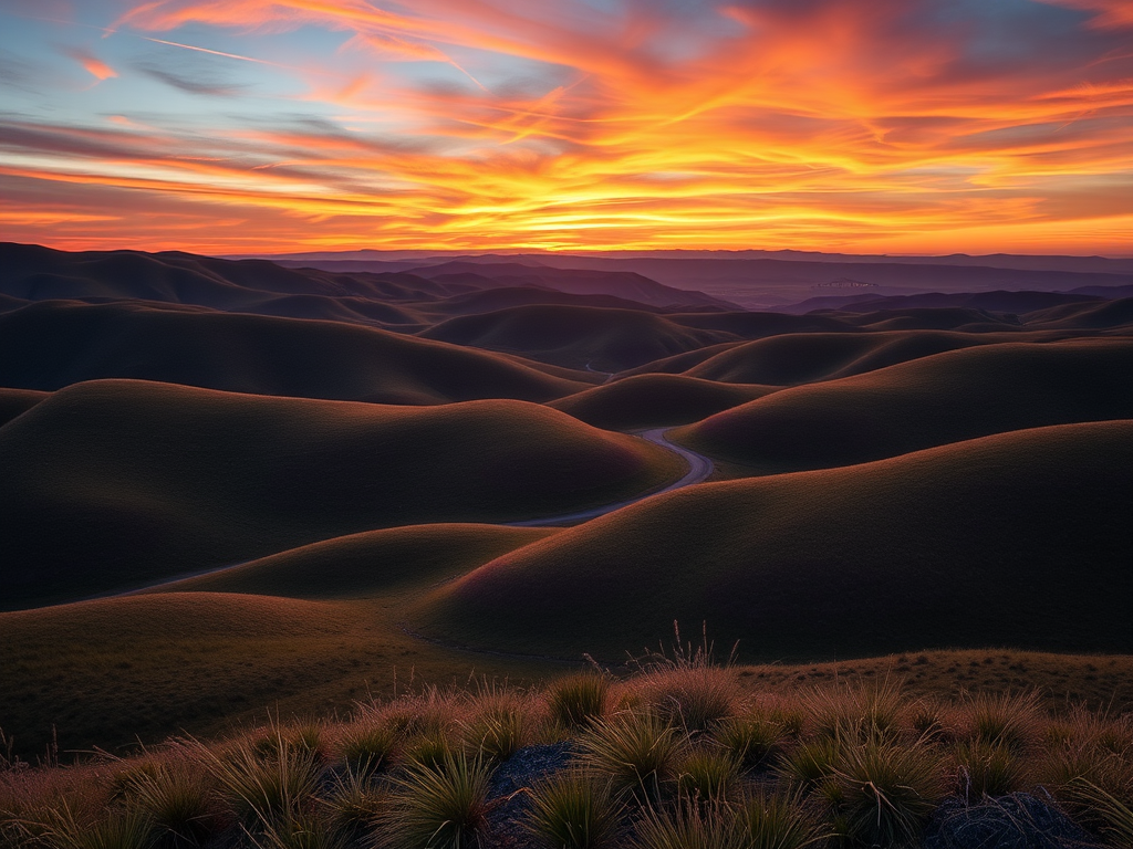 Create a high-resolution image of a serene landscape featuring rolling hills and a colorful sunset, captured with a Canon EOS R5 camera, 24-70mm lens at f/8, ISO 100, 1/125s shutter speed, using a wide-angle view for enhanced depth and clarity.