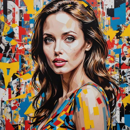 A vibrant artwork blending bohemian style with edgy street art, featuring a young angelina jolie. The design mixes vibrant colors with the modern Disney-inspired style, echoing Roy Lichtenstein's pop art. The overall mood is optimistic and trendy, with elements of Johannes Vermeer’s classic elegance, combined with the geometric abstraction of crystal cubism. add Stockholm shilluette