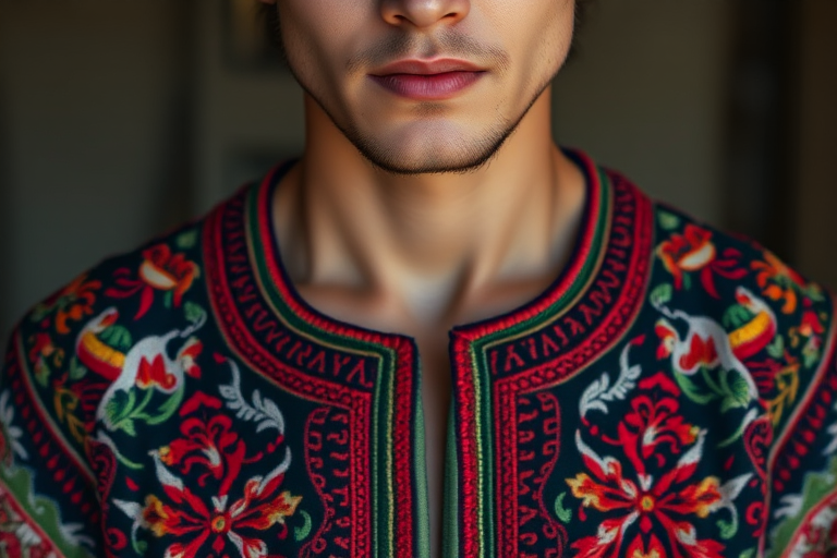 Face, shoulders, chest covered in openwork Tajik embroidery. Raw, unedited image.