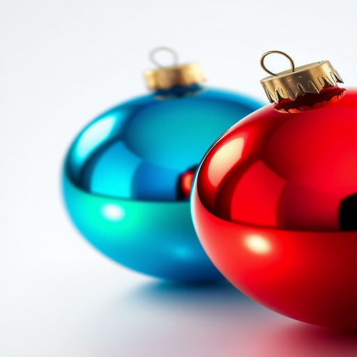 Create a high-resolution illustration of three glossy Christmas ornaments in red, blue, and green, with a soft gradient, using a 50mm lens at f/2.8, shot from a slight above angle to highlight reflections, in a digital format on a DSLR camera.