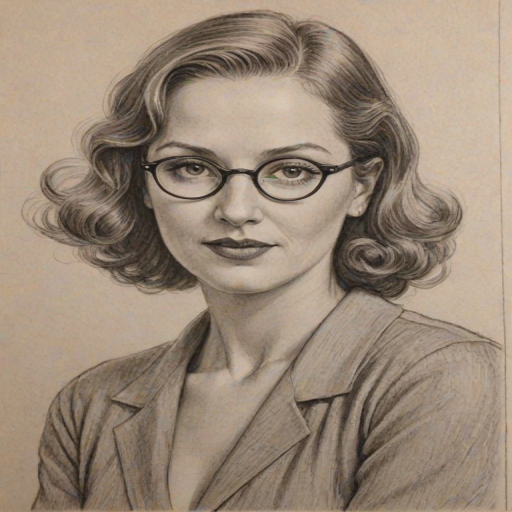 Lovely Jacklyn Zeman, pencil sketch, portrait of Magnificent woman 1933s in glasses, hair style beatnik, outline, clear lines, fine lines, 8k