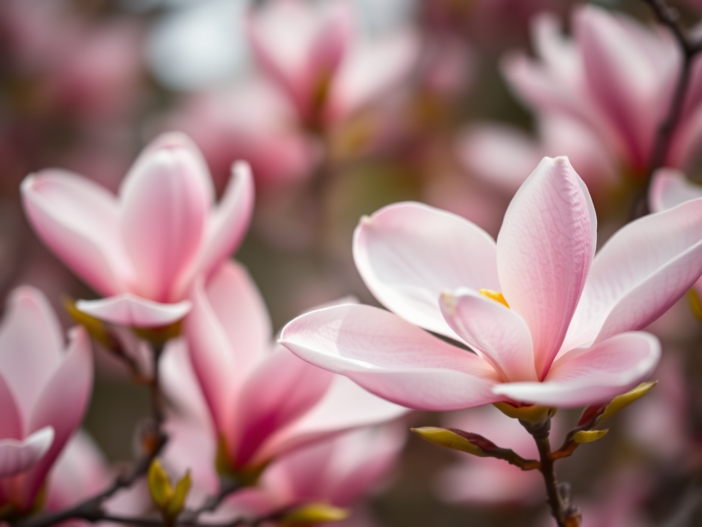 close-up of pink magnolia flowers in soft focus, shallow depth of field, 50mm f/1.8 lens, ISO 200, aperture f/2.8, natural light, DSLR camera, bokeh background, high resolution