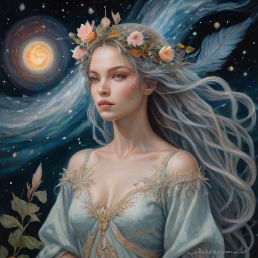 Create a series of imaginative portraits where each subject is infused with elements of fantasy and nature. The hair of the individuals should flow like clouds, varying from soft, fluffy cumulus to wispy cirrus strands, with hints of color reflecting a sunset or a clear blue sky. The eyes should be windows to entire galaxies, with stars, nebulae, and distant planets visible within them. Clothing should be adorned with nature motifs, such as floral patterns that bloom and change, vines that seem to grow and wrap around, or feathers that shimmer with iridescence. Each portrait should capture a unique personality, blending human features with the ethereal beauty of the natural and cosmic world. The backgrounds can vary, from starry night skies to enchanted forests, adding depth and context to the magical realism of the portraits