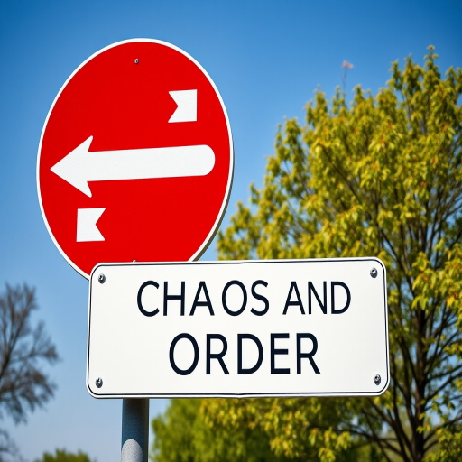 Create a high-resolution image of a roundabout sign with red background and white arrows indicating direction, including a white rectangular sign below that reads "CHAOS AND ORDER," shot with a DSLR camera at f/8 aperture, 50mm lens, ISO 100, in natural daylight with a clear view.