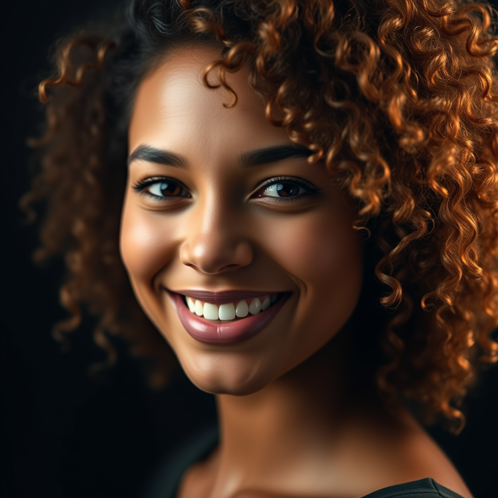Create a close-up portrait of a smiling woman with curly hair on a dark background, using a Canon EOS R5 camera, 85mm lens, aperture f/1.8, ISO 100, and soft natural lighting to enhance details and textures.