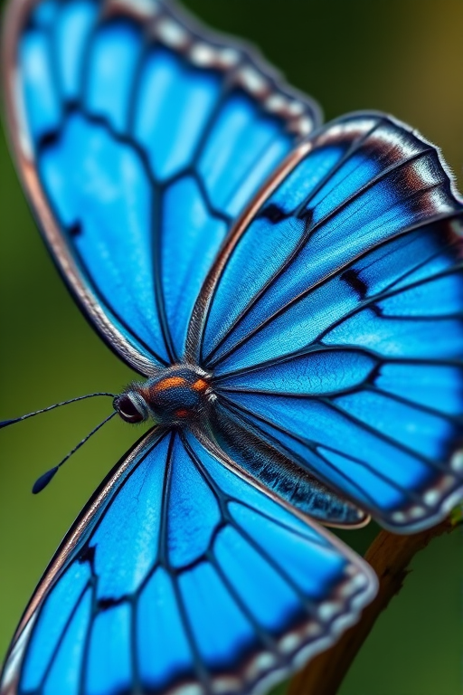 Create a highly detailed illustration of a blue butterfly with intricate wing patterns, using a macro lens at f/2.8 to capture fine details, a soft-focus background, shot from a slight diagonal angle, and using a digital camera to enhance image clarity and vibrancy.