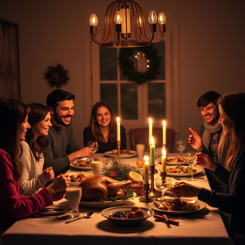 Warm, intimate image of a group of friends gathered around a dining table for a holiday feast, soft glow from candles casting warm shadows, with the smell of roasted turkey and cinnamon filling the air.