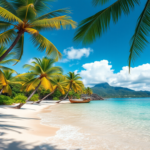 generate a tropical beach scene with vibrant colors, lush palm trees, clear blue water, a distant mountain, and a bright sky with fluffy clouds, use a Canon EOS R5, 24mm lens, f/8 aperture, ISO 100, and a wide angle view for enhanced depth and detail