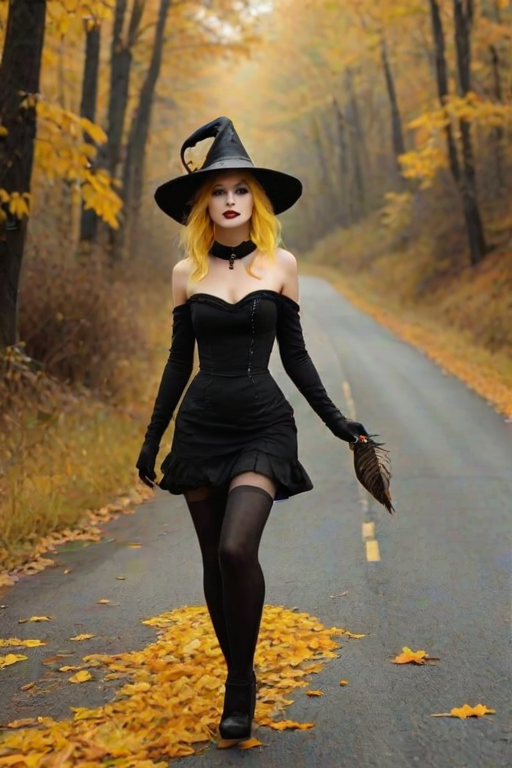 digital art fantasy depicting a strange girl with Yellow hair, long eyelashes, black lipstick and a tall hat walking along a winding road on an autumn afternoon, an Turkey smiles as she passes
