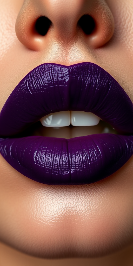 Mesmerizing woman lips showcasing a deep purple matte lipstick, bold and edgy, sharp and precisely applied, making a powerful statement