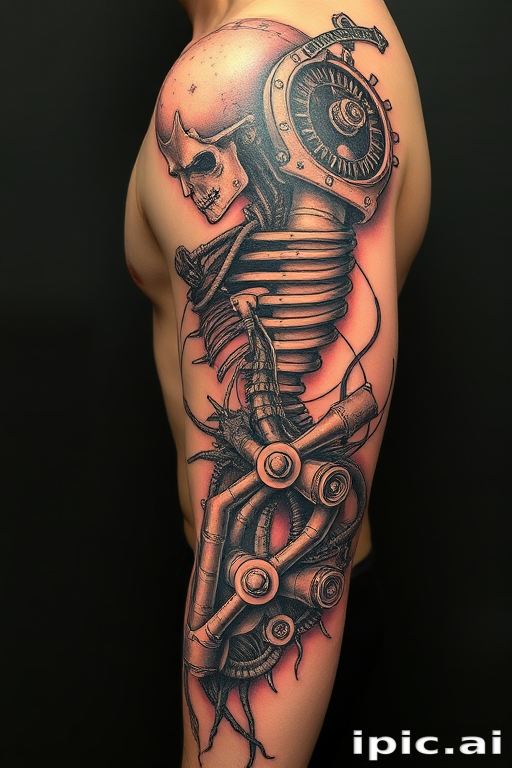 Surrealist biomechanical tattoo called "Organic Odyssey" merging anatomical structures with mechanical components in a mind-bending fusion of flesh and machine