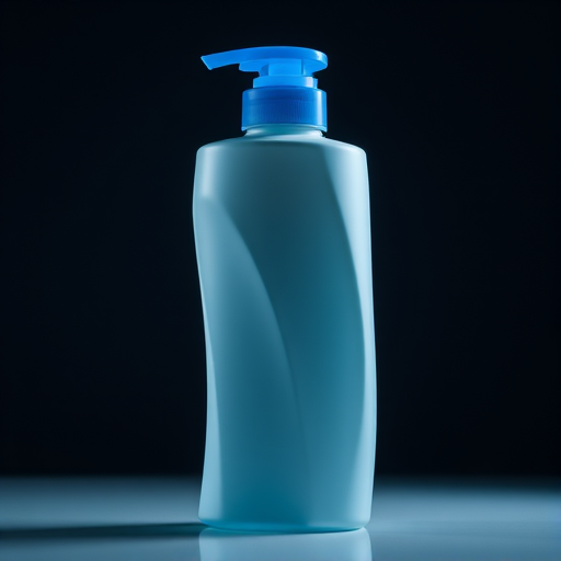 Create a highly detailed image of a sleek, modern shampoo bottle with a curved design and a blue, transparent cap, using a Canon EOS R5 camera with a 50mm lens, f/1.8 aperture, ISO 100, and a studio lighting setup for optimal sharpness and brightness.