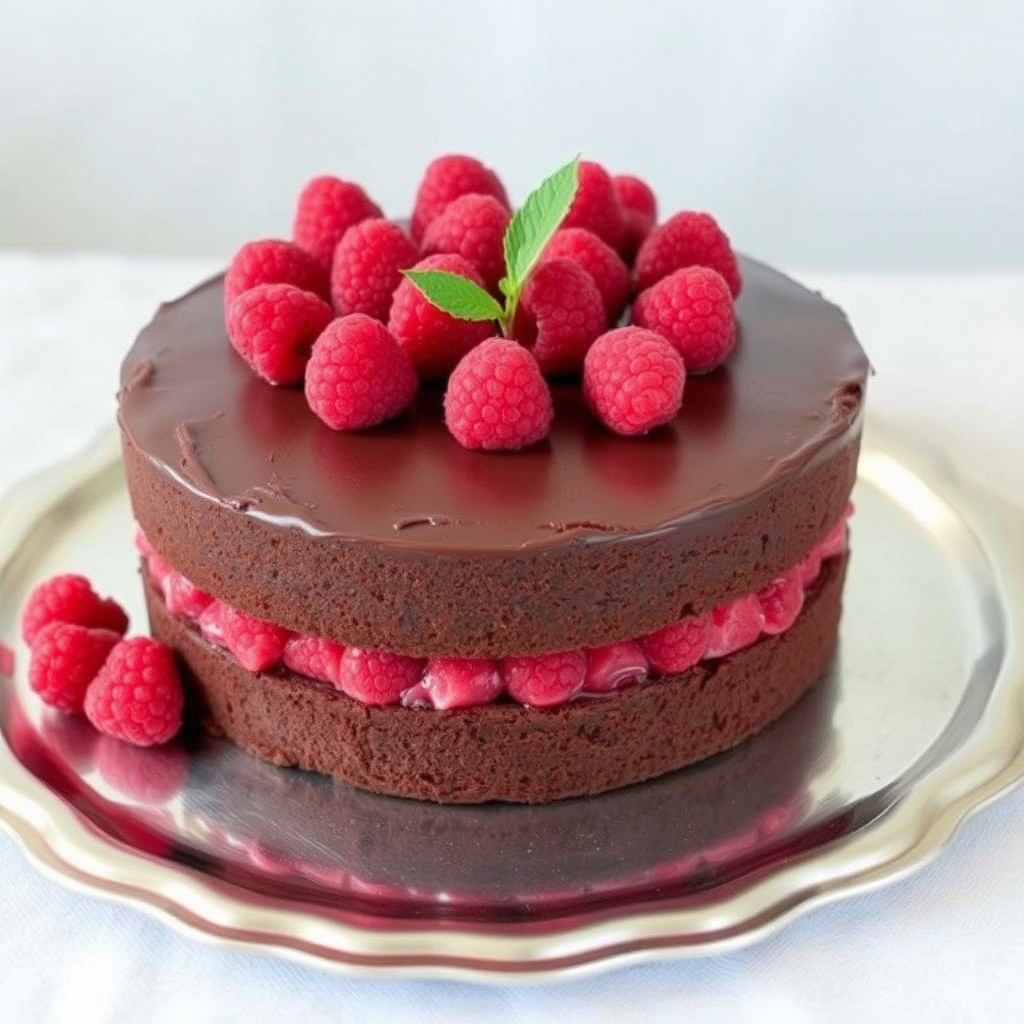 Chocolate cake with raspberry filling topped with fresh raspberries on a silver platter with a soft background.