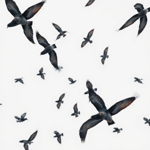a high-resolution image of a flock of birds in flight against a white background, captured with a Canon EOS R5, 24mm lens, aperture f/8, shutter speed 1/2000s, ISO 100, top-down aerial view, sharp focus on the birds, minimal noise, and high contrast