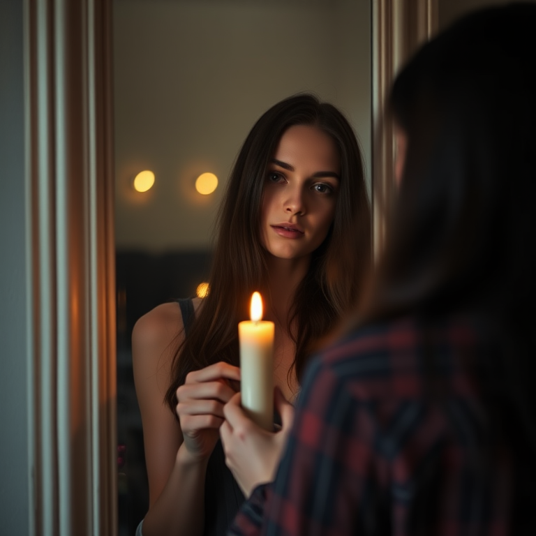 Regenerate the image of a woman with long dark hair standing in front of a mirror holding a candle with a soft focus effect, using a Canon EOS R5 with a 50mm f/1.2 lens, aperture at f/1.8, ISO 200, and a warm, diffused natural light setting indoors.