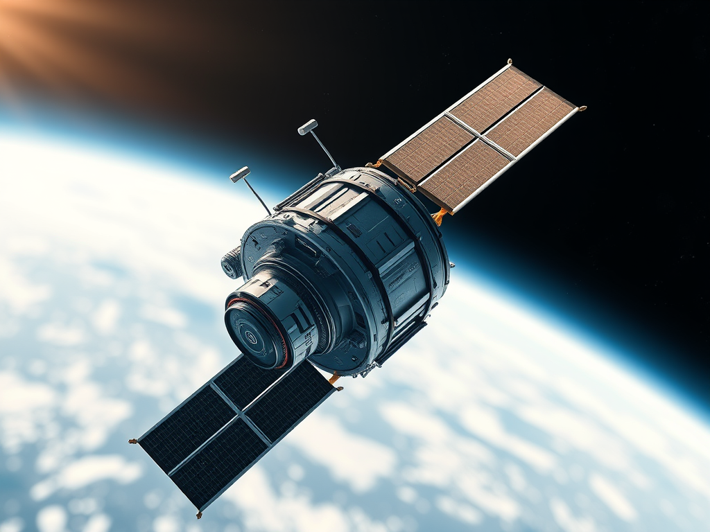 Create a high-resolution illustration of a satellite in orbit with detailed textures, using a DSLR camera with a 50mm lens at f/8, 1/250s shutter speed, ISO 100, in a bright daylight setting, with a slight zoom to capture the satellite's features clearly and a soft-focus background.