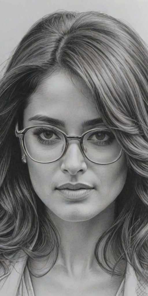 Attractive Salma Hayek, pencil sketch, portrait of Enchanting woman 1977s in glasses, hair style beatnik, outline, clear lines, fine lines, 8k