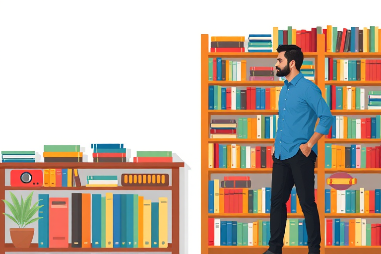 Create a digital illustration of a man in a blue shirt and black pants standing next to a colorful bookshelf filled with books, using a camera type of DSLR, camera style of flat lay, camera settings of f/4, ISO 200, shutter speed 1/100s, and an aperture of 50mm to enhance image quality.