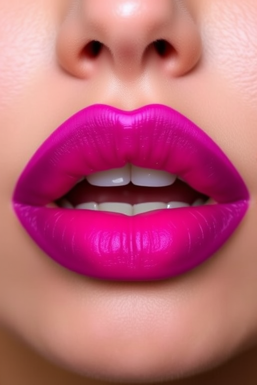 Gradient ombre lips transitioning from bright fuchsia to deep purple, with a velvet matte texture, named "Twilight Orchid Bloom"