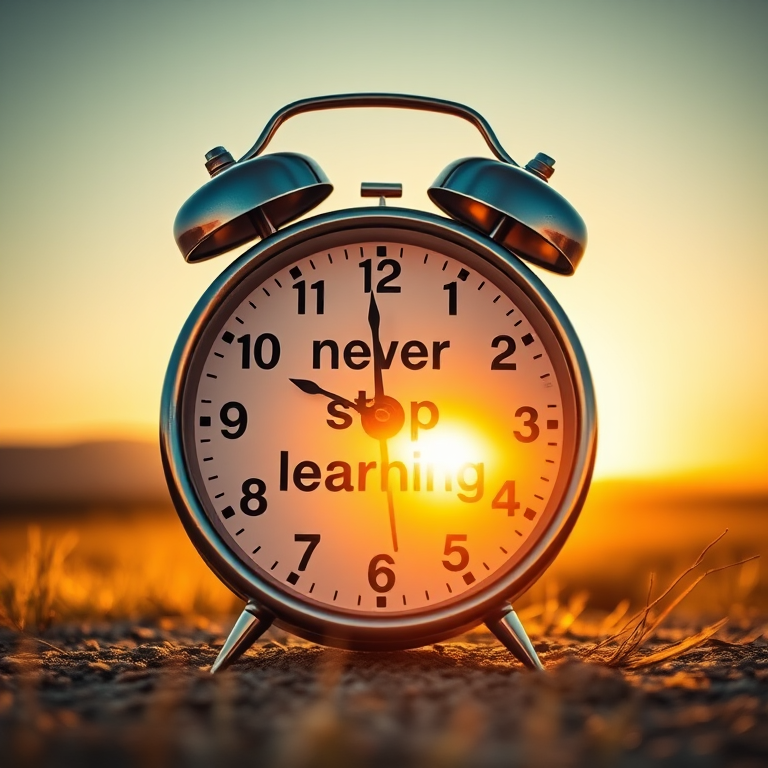Create an image of a vibrant alarm clock with the words "never stop learning" on its face, surrounded by a golden sunset landscape, using a DSLR camera with a 50mm lens, aperture set to f/1.8, ISO 100, a shallow depth of field, and a slight motion blur effect for dynamic quality.