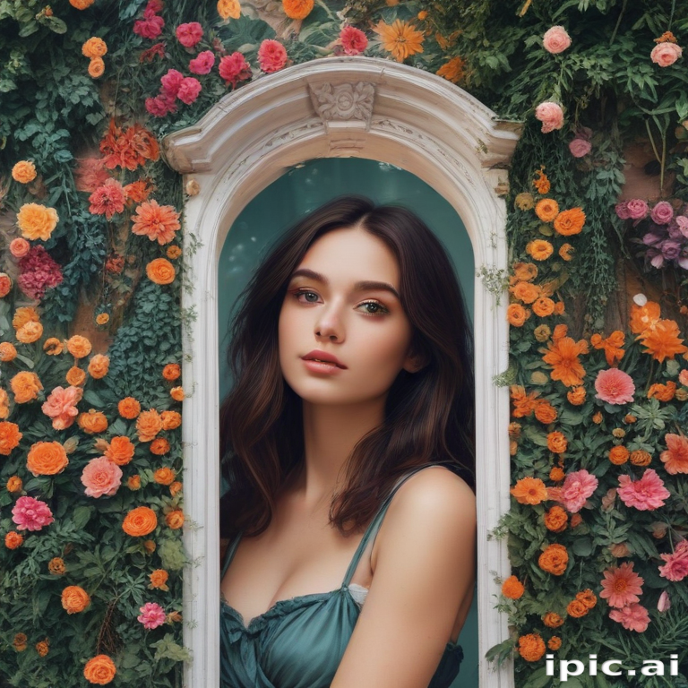 Enchanting Portrait of a Young Woman Framed by Vibrant Floral Decor
