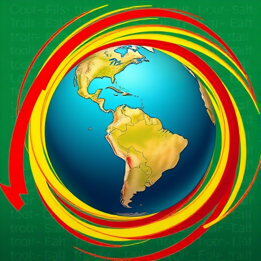 Create a vibrant illustration of a globe showing North and South America with swirling red, yellow, and green circular patterns around it, captured using a DSLR camera with a 50mm lens at f/1.8, ISO 100, and a shutter speed of 1/200 sec for sharpness and vivid colors.