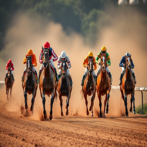 Capture a dynamic horse racing scene with jockeys in colorful outfits riding at full speed, dust clouding behind them on a dirt track, shot from a low angle for dramatic effect, using a DSLR camera with a 50mm lens at f/2.8, shutter speed 1/1000s, ISO 400, vibrant colors and high contrast for clarity.