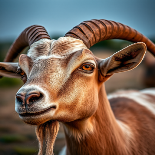 Close-up of a majestic goat with long curved horns, shot at dusk with a DSLR camera using a 50mm lens, aperture f/1.8, ISO 200, shallow depth of field for a blurred background, natural light for enhanced texture and detail.