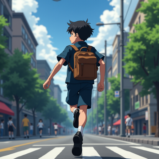 In the Japanese boondocks photorealistic anime, the camera focuses on strong muscular sideview of 9 year old boy his perfect face conveys powerful mighty passion, wearing black school dress-shoes, wearing dark blue matching school uniform. he runs lightly across wide busy city street. with stoplights in backdrop, The animation highlights the dynamic of the boy's clothes and hair blowing in the wind as he moves around, wearing leather backpack,