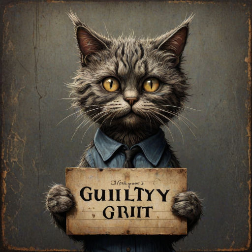 A comical cartoon-like scruffy cat, battered, dirty, with a mug shot and 'guilty' written on the board, in a whimsical and surreal art style with dark fantasy themes, dramatic lighting effects, minimalist and abstract touches, hyper-realistic details, textured backgrounds, vintage aesthetics, playful and exaggerated characters, gothic aesthetics, intricate designs, detailed patterns, and artistic composition