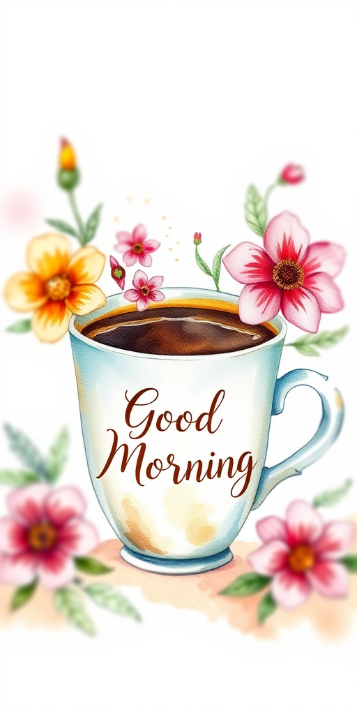 a colorful watercolor illustration featuring a cup of coffee with floral elements and the text Good Morning, soft focus, natural light, f/8 aperture, 1/125s shutter speed, 50mm lens, DSLR camera