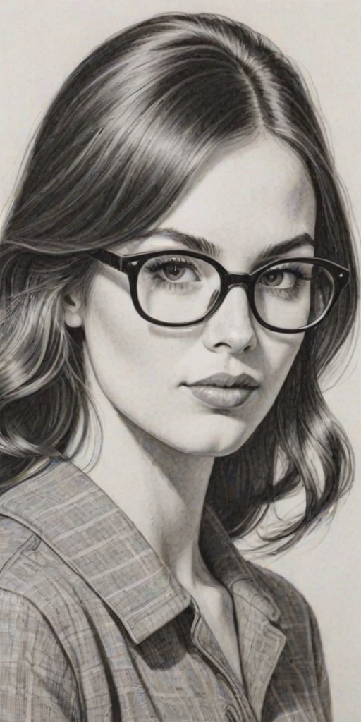 Appealing Kaitlyn Maher, pencil sketch, portrait of Radiant woman 1967s in glasses, hair style beatnik, outline, clear lines, fine lines, 8k