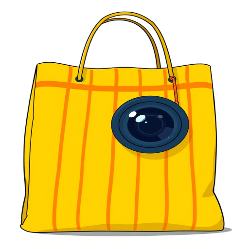 Create a high-resolution illustration of a large yellow shopping bag with orange stripes, using a DSLR camera with a 50mm lens, aperture set to f/2.8, ISO 100, taken from a slightly angled top-down view, styled in a vibrant and clean vector art design.