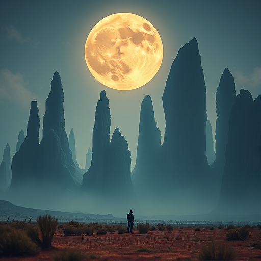 A surreal landscape with towering crystalline spires under a massive moon, a solitary figure standing in the foreground, soft atmospheric lighting, captured with a Canon EOS 5D Mark IV, 24mm lens, f/8 aperture, ISO 100, shot in landscape mode, smooth focus, enhanced color contrast, high dynamic range.