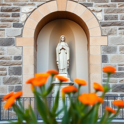 Photograph a stone wall featuring a religious statue framed in an alcove, with vibrant orange flowers in the foreground, using a DSLR camera with a 50mm lens, aperture set to f/2.8 for shallow depth of field, shutter speed 1/200s, ISO 100, taken from a 45-degree angle to enhance perspective.
