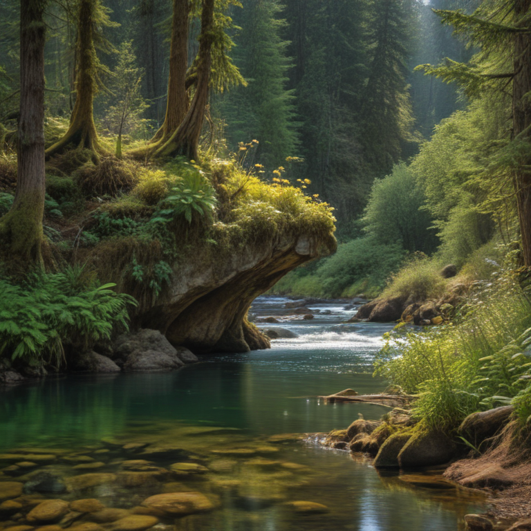 A Tranquil Forest Landscape with a Serene River and Lush Greenery.