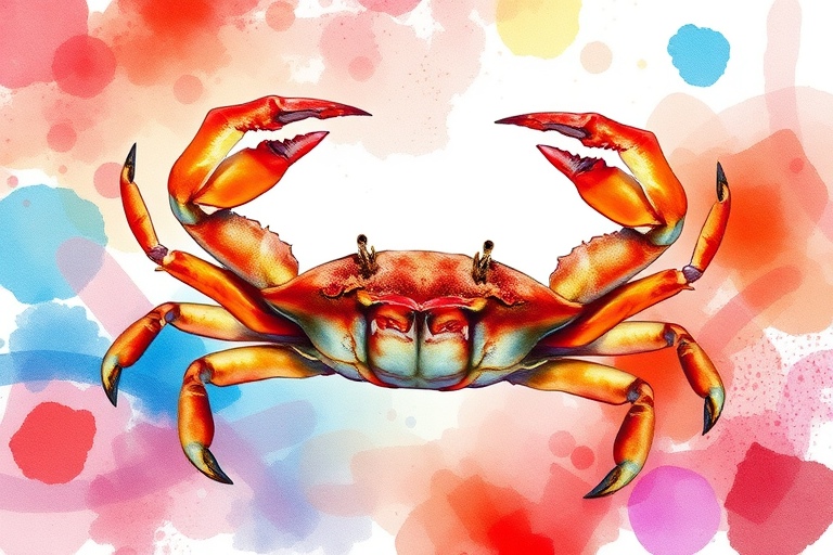 Create a vibrant watercolor illustration of a crab centered in the frame with a colorful abstract background, use a DSLR camera type, set aperture to f/4 for depth of field, shutter speed at 1/125s, ISO 200, and a 50mm lens to enhance details and texture.