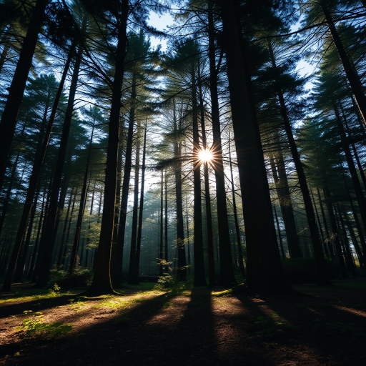 Create a high-resolution image of a tranquil forest scene with sunlight filtering through the trees, using a Canon EOS R5 camera, 24mm lens, f/8 aperture, ISO 100, and a shutter speed of 1/125 sec, shot from a low angle to emphasize the depth of the forest.