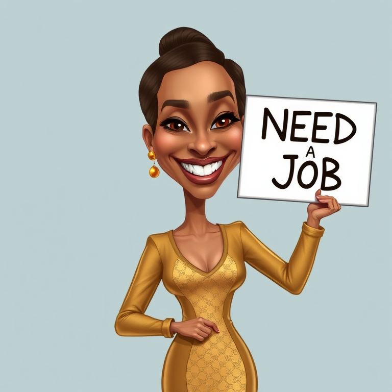 caricature of a smiling Zoe Saldana in a Gold dress or suit, holding up a sign that says "NEED A JOB", no watermark,