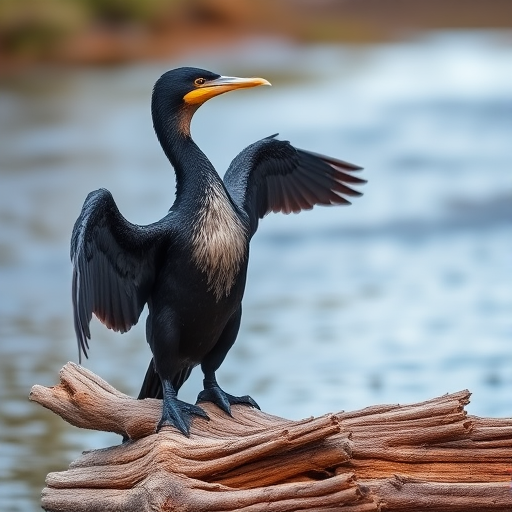 photograph a cormorant drying its wings on a log near a river, focus on the bird with a shallow depth of field, F/4 aperture, 1/500 shutter speed, ISO 200, use a 70-200mm lens, natural light, taken from eye level at a distance of 10 feet