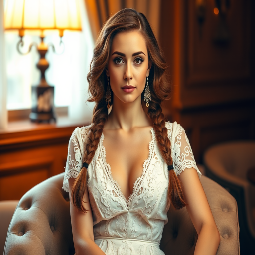Create a portrait of a refined and elegant Ashkenazi woman seated in a sophisticated setting. She has long, wavy hair styled in two thick braids that are pulled over her shoulders. She wears a white, lace gown with intricate patterns, featuring a deep V-neckline and short sleeves. The dress exudes a vintage charm with its delicate lacework. She is adorned with ornate, dangling earrings that add a touch of glamour to her appearance. The background is softly lit, with warm, ambient lighting that creates a cozy and inviting atmosphere. Her expression is poised and serene, capturing a sense of grace and elegance.