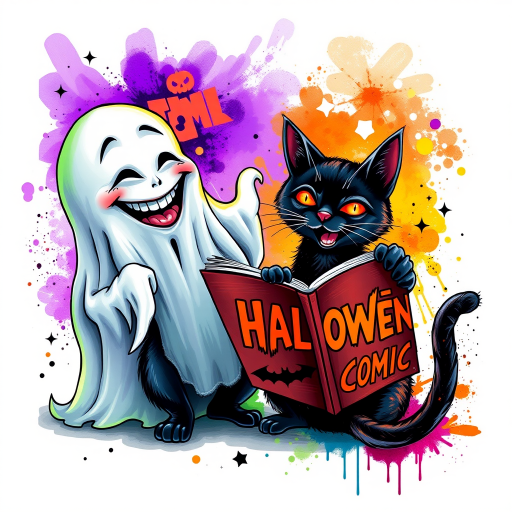 Image of a ghost and a black cat laughing exaggeratedly , and reading a comic halloween comic book, alcohol ink airbrush style, funny halloween theme, white background with neon purple, neon orange, neon green splash, black sparkles stars , dazzling BG