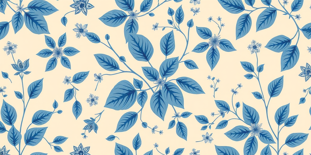 regenerate a seamless floral pattern featuring intricate blue leaves and flowers on a soft beige background, using a Canon EOS R5, 50mm lens, f/2.8 aperture, ISO 100, in natural light for enhanced clarity and detail.