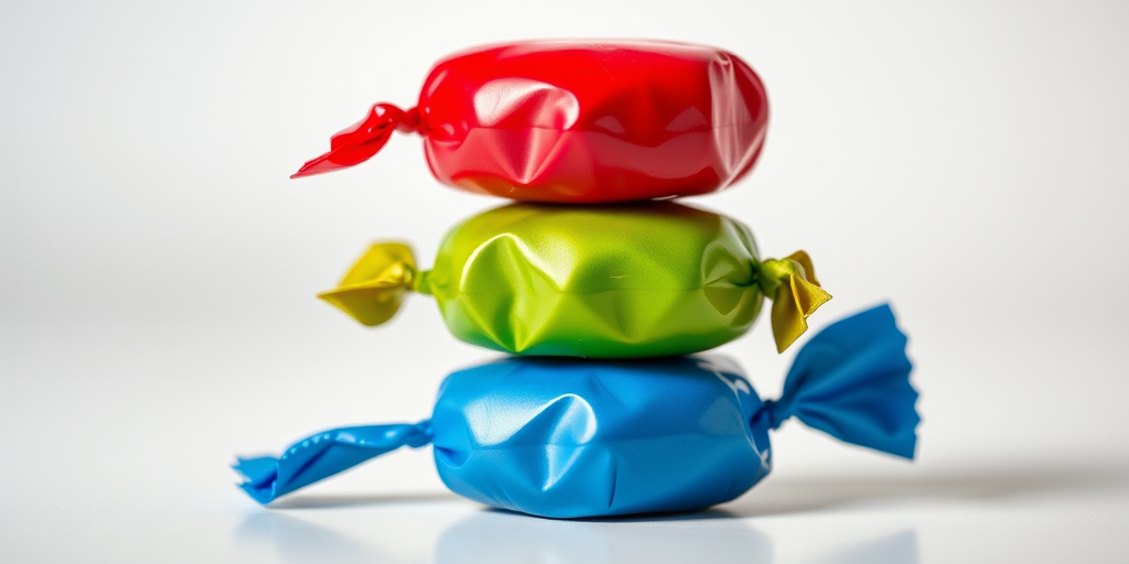 Create a high-resolution image of three shiny wrapped candies stacked vertically, with the top candy red, the middle candy green, and the bottom candy blue, using a macro lens at f/2.8 aperture, 1/200 sec shutter speed, and ISO 100, in a studio setting with soft lighting to enhance glossiness and detail.