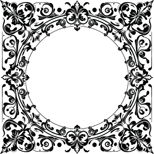 regenerate a vintage ornate frame design with intricate patterns and a blank center for text, in a black and white color scheme