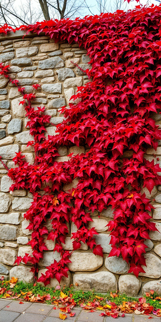photo of a stone wall covered with vibrant red vines during autumn, shot with a DSLR camera, 35mm lens, f/8 aperture, ISO 100, 1/250 sec shutter speed, landscape view, natural lighting, high dynamic range