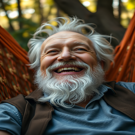 Capture a close-up portrait of a joyful elderly man with a beard, relaxing in a hammock surrounded by nature, using a Canon EOS R5, 50mm f/1.2 lens, aperture set to f/1.2 for a shallow depth of field, ISO 100, shutter speed 1/200s, natural light for a warm, inviting atmosphere.