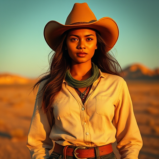 Dramatic photo of a beautiful Bangladeshi woman, classic cowboy attire, confident and free spirit expression, half-length portrait, centered, golden hour desert landscape, warm, diffused light, low angle, medium format film camera, in style of Annie Leibovitz.